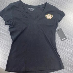 TRUE RELIGION T-Shirt V-Ausschnitt GLITZER LOGO Damen MEDIUM NEU mit Etikett schwarz - Bild 1 von 7