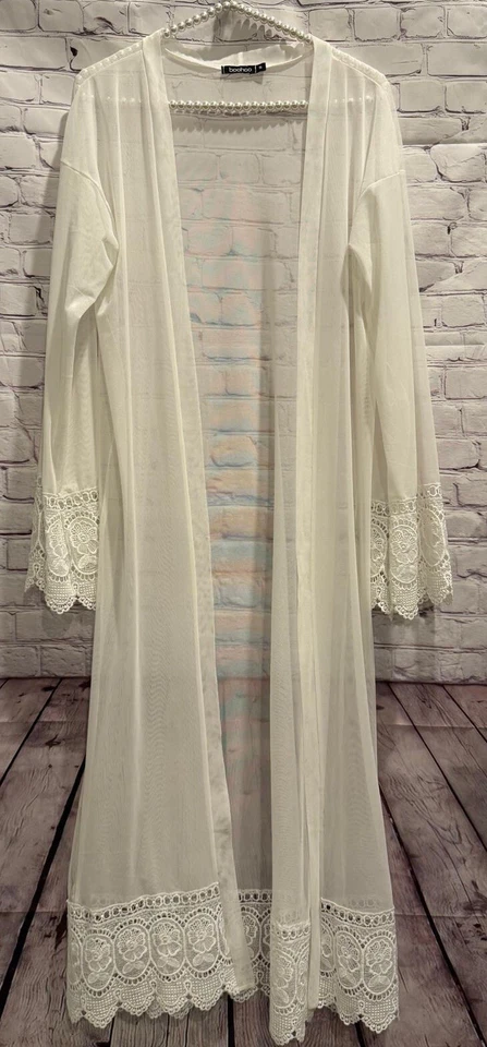 BOOHOO Mujer Marfil Bordado Transparente Bordes de Encaje Frente Abierto Playa Kimono S Foto 1 de 4