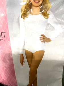 Child Kids Girls Long Sleeve Bodysuit Leotard Costume White Unitard Size M/L - Picture 1 of 3