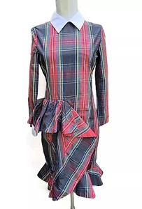 RE $2,400+ Vintage Moschino Tartan Plaid Dress Size XS/SM Silk Blend Ruffles - Picture 1 of 10