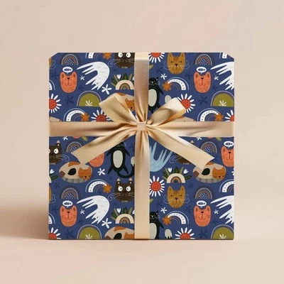 Cats Wrapping Paper, Floral Animal Gift Wrap for Kids Birthday or Party Roll - Image 1 of 4