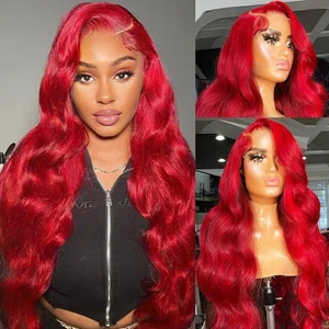 Red Lace Front Wig Human Hair Pre Plucked 200% Density Body Wave Lace Frontal... - Picture 1 of 7