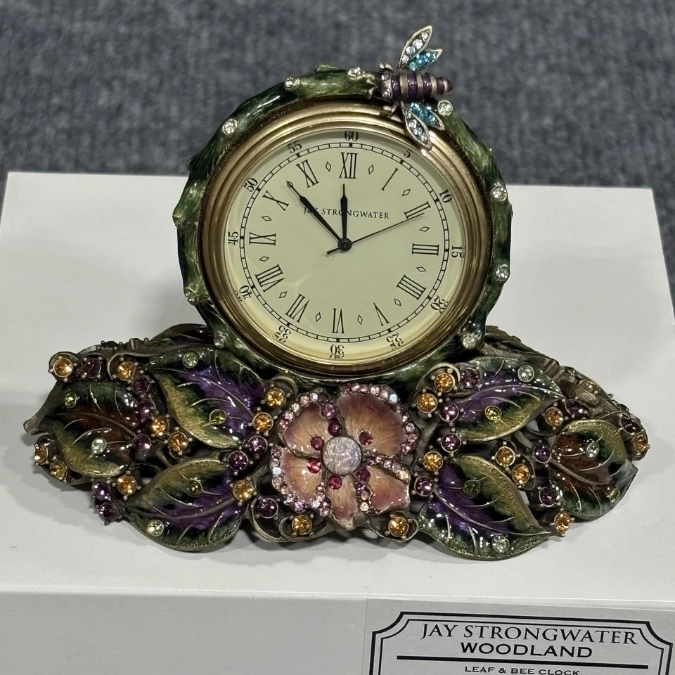 Jay Strongwater Leaf & Bee Mayfair Jeweled Enamel Desk Clock USA SDH6001459 - Image 1 of 4