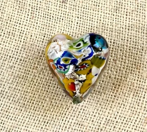 Large Murano Glass Heart Shape Fiorato Bead Multi Colored Sterling Silver Leaf - Picture 1 of 5