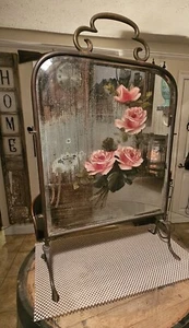 ANTIQUE ART NOUVEAU BRASS AND ETCHED BEVELED MIRROR FIREPLACE FIRE SCREEN - Picture 1 of 10