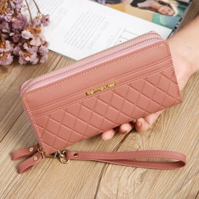 Carteira feminina de couro embreagem longa porta-cartão de telefone bolsa com zíper pulseira - Imagem 1 de 4