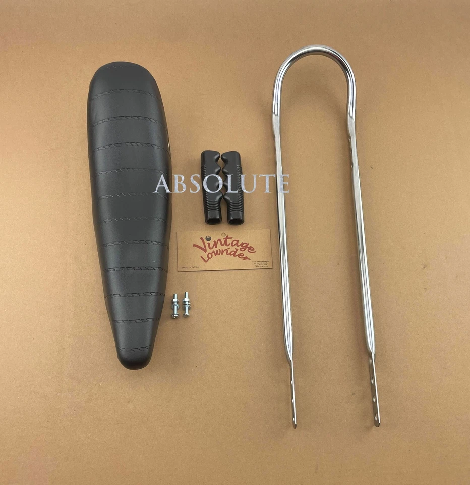 20" VINTAGE LOWIRDER BLACK BANANA SEAT W/SISSY BAR & BLACK GRIPS FOR 20" BIKE - Image 1 of 1