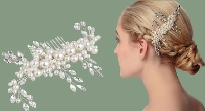 Haarschmuck Haarkamm Hochzeit Braut Kristall Perlen Strass Tiara Diademe - Bild 1 von 3
