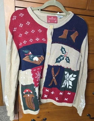 Cárdigan Suéter Vintage Northcrest Navidad Talla Grande Cabaña Vacaciones Tostado Nieve Foto 1 de 4