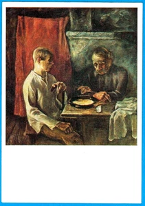 D.Khamin 1982 Russian postcard MEN IN MEMORY OF DECECASED IVAN Vodka with Bread - Picture 1 of 3