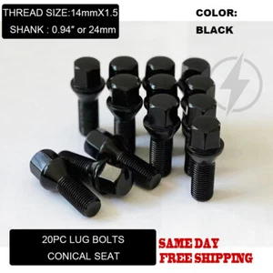 20PC BLACK 14X1.5 CONICAL SEAT LUG BOLTS 0.94'' 24MM FIT VOLKSWAGON VOLVO - Picture 1 of 6