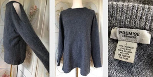 PREMISE CASHMERE CREW NECK SWEATER PULLOVER SOFT DARK GRAY SHOULDER SLIT EUC L - Picture 1 of 12