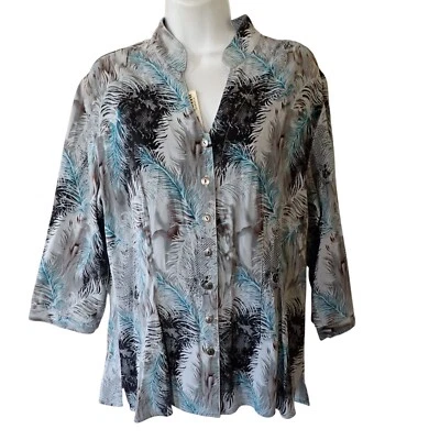 Tianello Dynasty Blouse Women S Silver Whisp Feather Print Tencel NEW Office - Image 1 of 4
