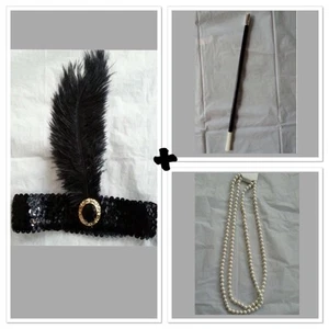 20s Charleston Flapper Set Black Sequin Headband Pearl Necklace Cigarette Holder - Picture 1 of 4