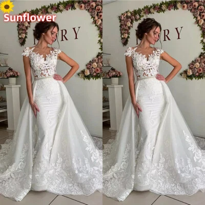 V-Neck Mermaid Wedding Dresses with Detachable Train Lace Appliques Bridal Gowns - Image 1 of 4