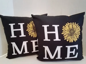 Outdoor Toss Pillows Black with Sun Flower "Home" Set Of 2 16x16x5 - Picture 1 of 8