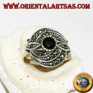 Anello in Argento 925‰ con onice tonda e tripla linea concentrica di marcasite - Foto 1 di 3