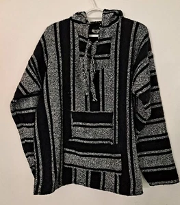 Baja felpa con cappuccio poncho messicano XL bianco e nero pullover tappeto antidroga hippie surfista - Foto 1 di 8