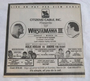 WWF Wrestlemania 3 Newspaper Poster Ad! clipping program dvd hulk hogan andre - Picture 1 of 1