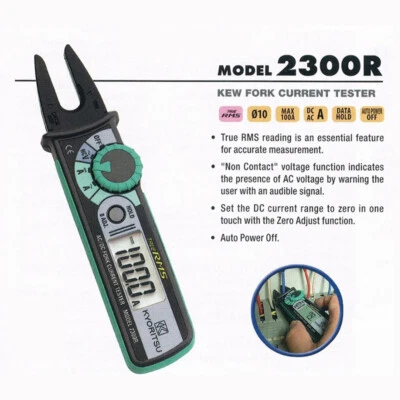 Kyoritsu 2300R Fork Current Tester Date Hold True RMS NCV AC DC Current 100A