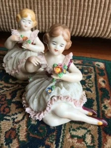 German Dresden Lace Porcelain Girls Blonde Brunette Dancers seated Figurines Vtg - Picture 1 of 12