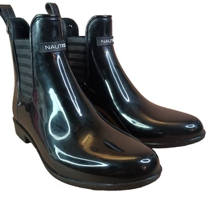 Nautica Women's 8 Black Rain Boots Ankle Top Pull On Waterproof Lurex Shoe - Picture 1 of 24