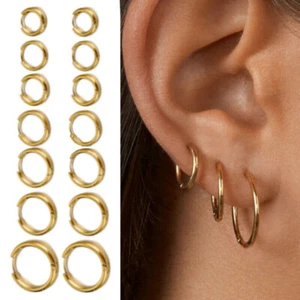 Men Women 18K Gold Surgical Steel Hinged Huggie Hoop Sleeper Stud Earring 8-20MM - Picture 1 of 14