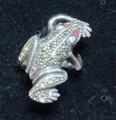 Серебро 925 Sz 5 кольцо лягушка розовый драгоценный камень глаза и желтые и белые камни - Изображение 1 из 4