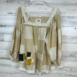 Oh My Stars Trudy Patchwork Bluse XL Boho Spitzenbesatz eckiger Ausschnitt Puffärmel - Bild 1 von 10
