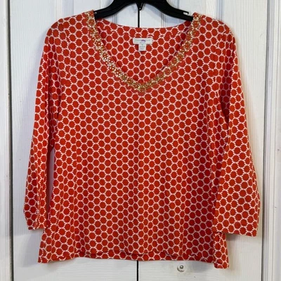 Top Charter Club Petite adornado dorado manga 3/4 estampado geométrico PL naranja Foto 1 de 4