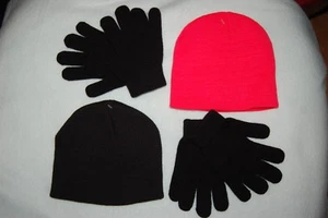 Boys 2 SET LOT WINTER HAT & GLOVES Beanie ORANGE BLACK Stretch Knit ONE SIZE - Picture 1 of 1