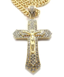 Gold Plated Cubic Zirconia Large Jesus Cross Charm Franco Cuban Chain Necklace - Picture 1 of 165