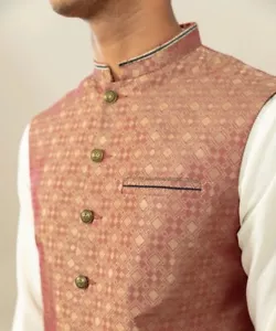 Embroidered Jamawar Men’s Waistcoat Indian / Pakistani Wedding - Brand New - Picture 1 of 4