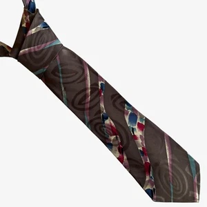 Vintage 80s Paolo Gucci Abstract Colourful Striped Brown Silk Tie, 90s Retro - Picture 1 of 3