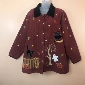 Quacker Factory Halloween Applique Corduroy Burgundy Jacket Coat Women XL VTG - Picture 1 of 5