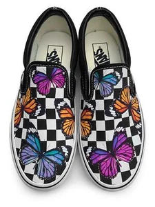 Checkerboard Colorful Monarch Butterfly Slip-on Vans Brand Shoes - Picture 1 of 4