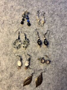 Lot of 7 Beaded Black/White/Gold-Colored Pierced Earrings 