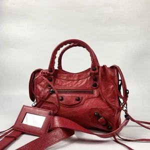 Auth Excellent Balenciaga City 2way Shoulder Bag Hand Bag Leather Red B8086 - Picture 1 of 11