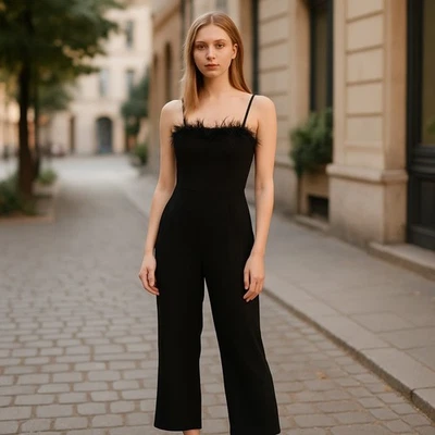 Nicole Miller Black Jumpsuit with Ostrich Feathers Spaghetti Straps Sz 12 - Image 1 of 4