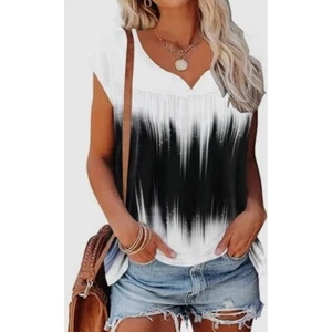 Blusa Disamer top scollo a V manica ad aletta nero bianco stampa casual taglia M nuova con etichetta - Foto 1 di 8