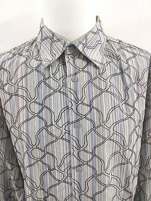 Camisa JHANE BARNES Azul Rayas Bordada Negra Onda Manga Larga Botón Talla XL Foto 1 de 4