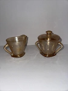 Jeanette Floragold Creamer Sugar Dish Lid Set Iridescent Carnival Glass Vintage  - Picture 1 of 18