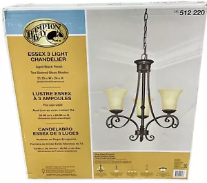 Hampton Bay Essex 3 Light Chandelier Aged Black Finish Tea Stained Glass Shades - Picture 1 of 4