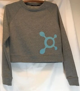 Mint Orange Theory Gray Cropped LongSleeve Fleece Sweatshirt Teal Pattern Sz xs - Picture 1 of 5
