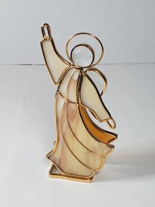 Vintage GHS Cream Brown Stained Glass Angel Figurine 7" Gold Plated Missing Wing - Picture 1 of 7