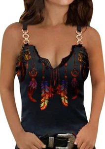 Womens Sexy Tank Top Casual Trendy Sleeveless Retro Print Tunic Top Ladies Comfy - Picture 1 of 10
