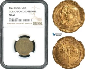 AH372, Brazil, 500 Reis 1922, Independence Centennial, NGC MS65 - Picture 1 of 1