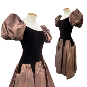 Vintage 1980s Victor Costa Chocolate Velvet Taffeta Poof Sleeve Drop Waist Dress - Picture 1 of 9