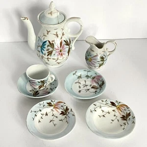 Dollhouse Miniature Tea Set Porcelain Floral 8pc Teapot Creamer CupSaucer Plates - Picture 1 of 24