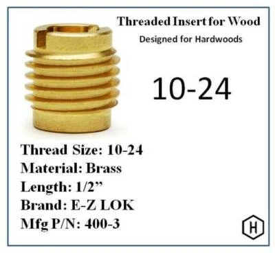 EZ-Lok P/N 400-3, 10-24 Threaded Brass Insert For Wood (10 Pieces)